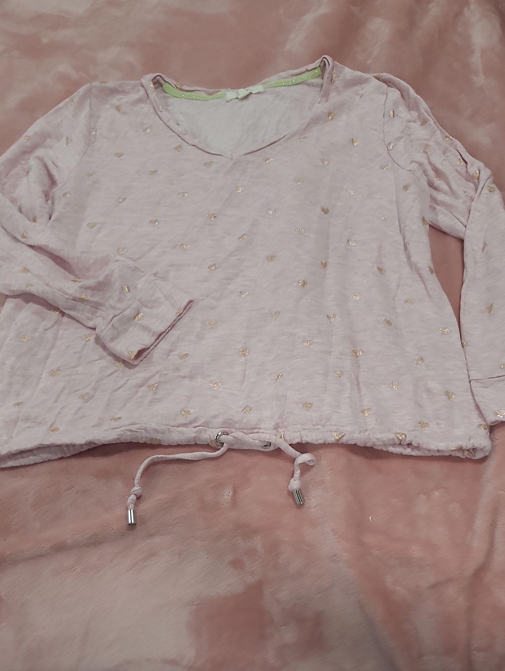 Light Pink V-Neck Long Sleeve Top with Gold Dot Accents